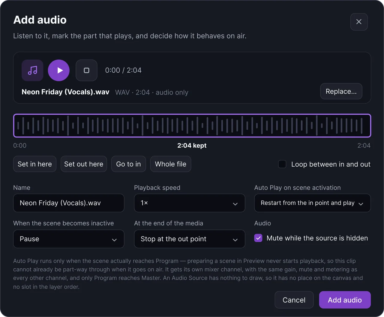 The FeelThere Add audio window with the waveform, in and out points and playback settings