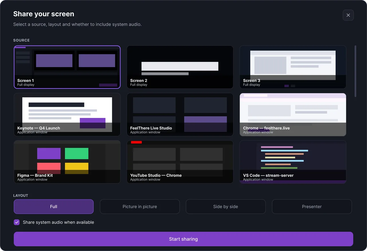 The FeelThere Share your screen window with the available sources, layout options and system audio setting