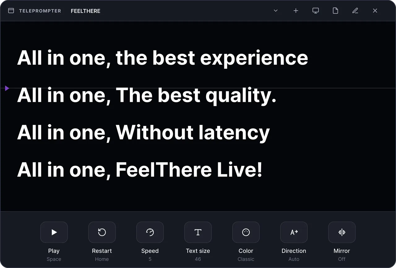 The FeelThere teleprompter window with the script and the speed, text size, direction and mirror controls