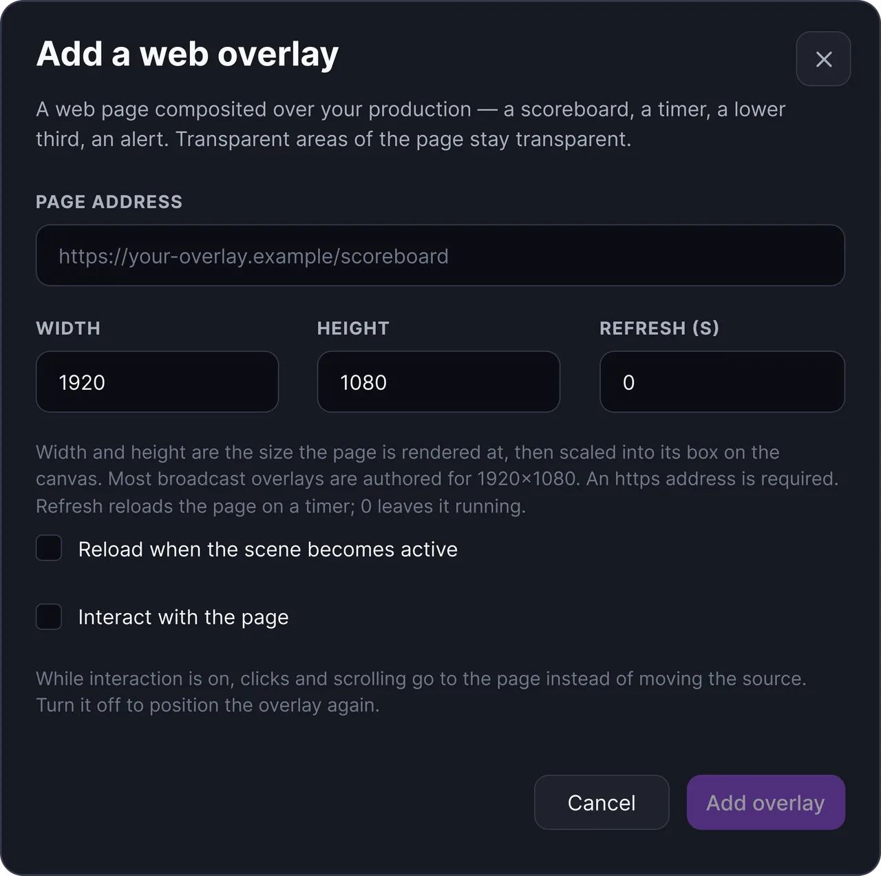 The FeelThere Add a web overlay window with the page address, render size, refresh and interaction options