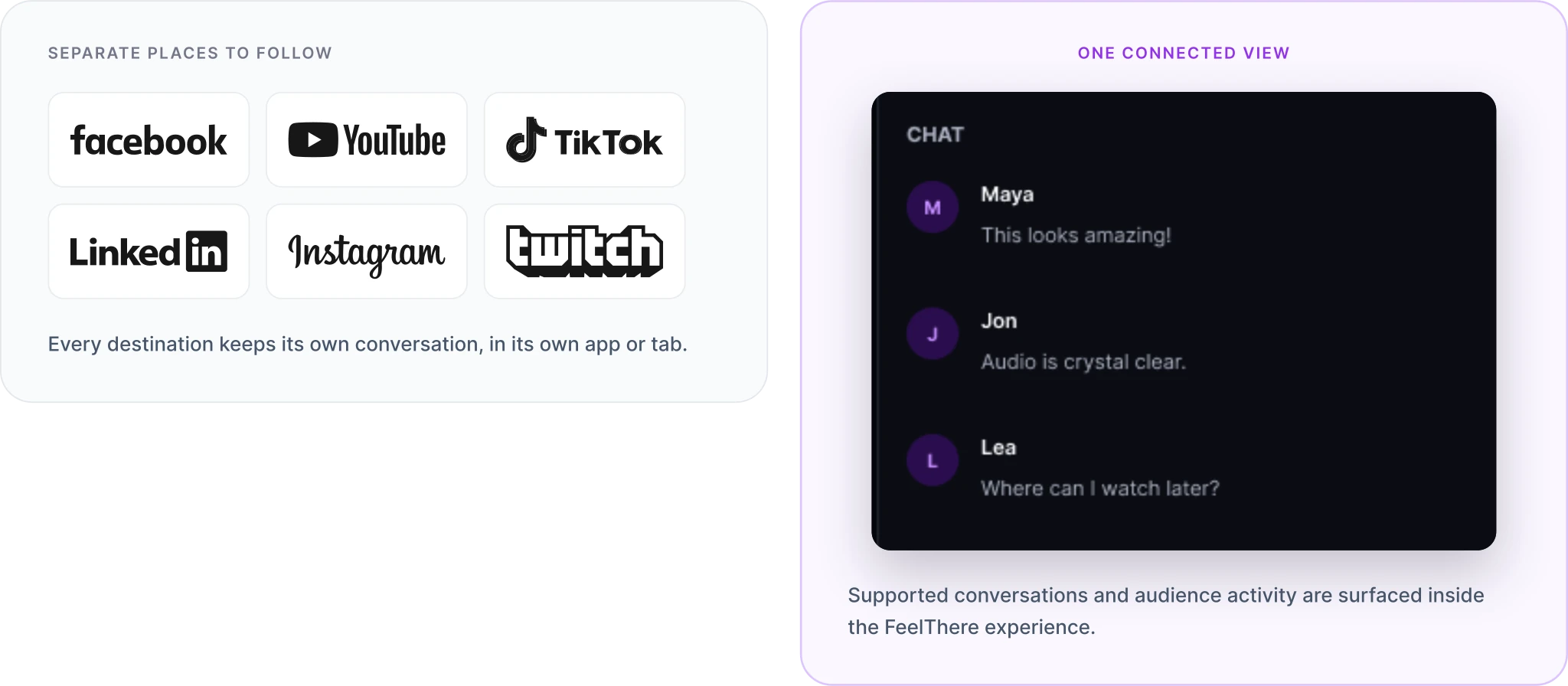 Separate platform conversations brought into one connected chat view