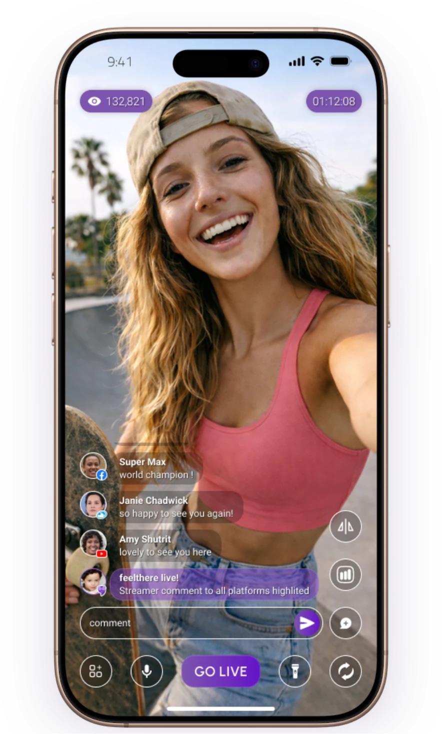 Live comments, reactions and viewer activity inside FeelThere Mobile