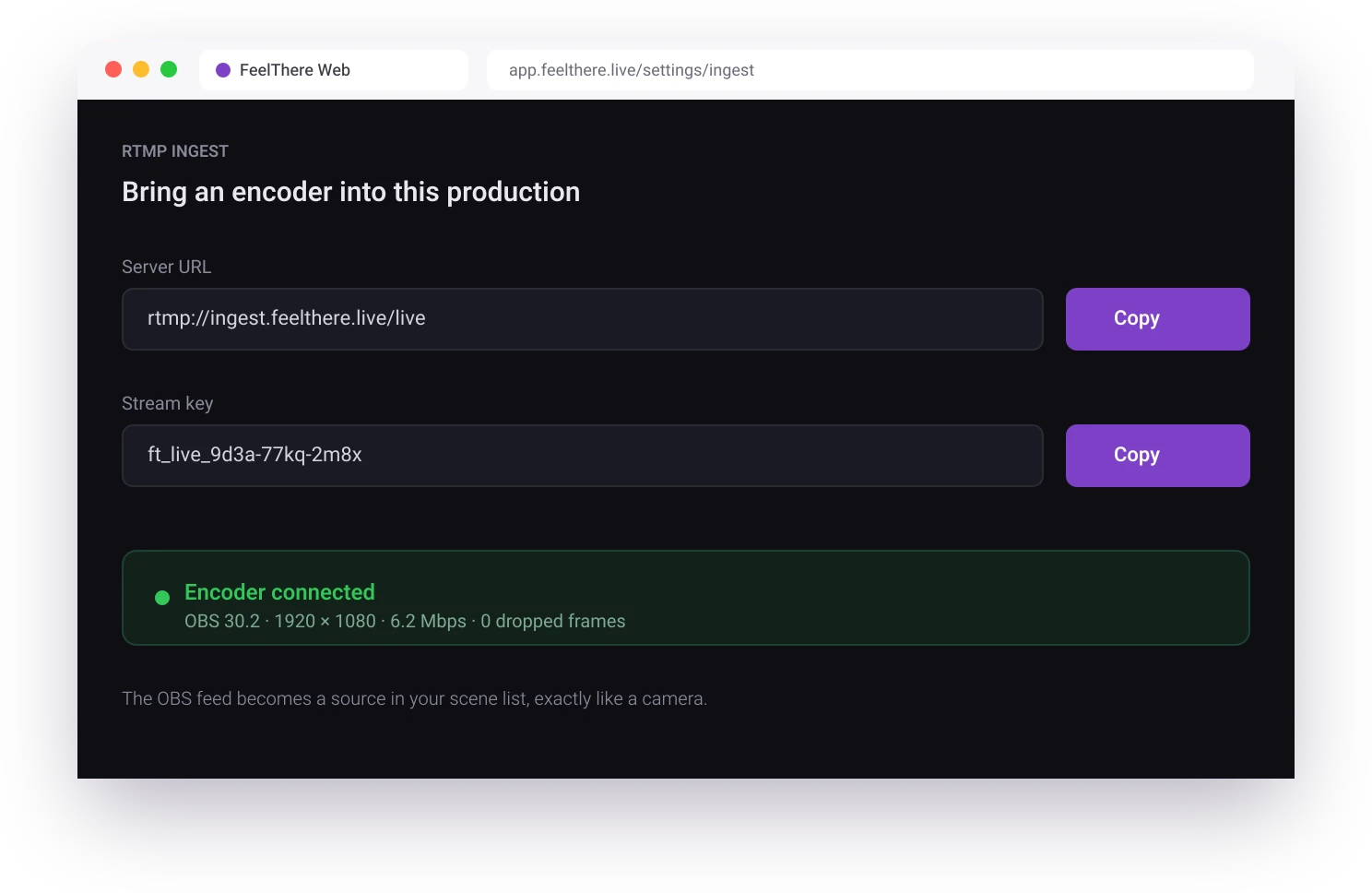 OBS ingest setup in Studio showing server URL and stream-key controls