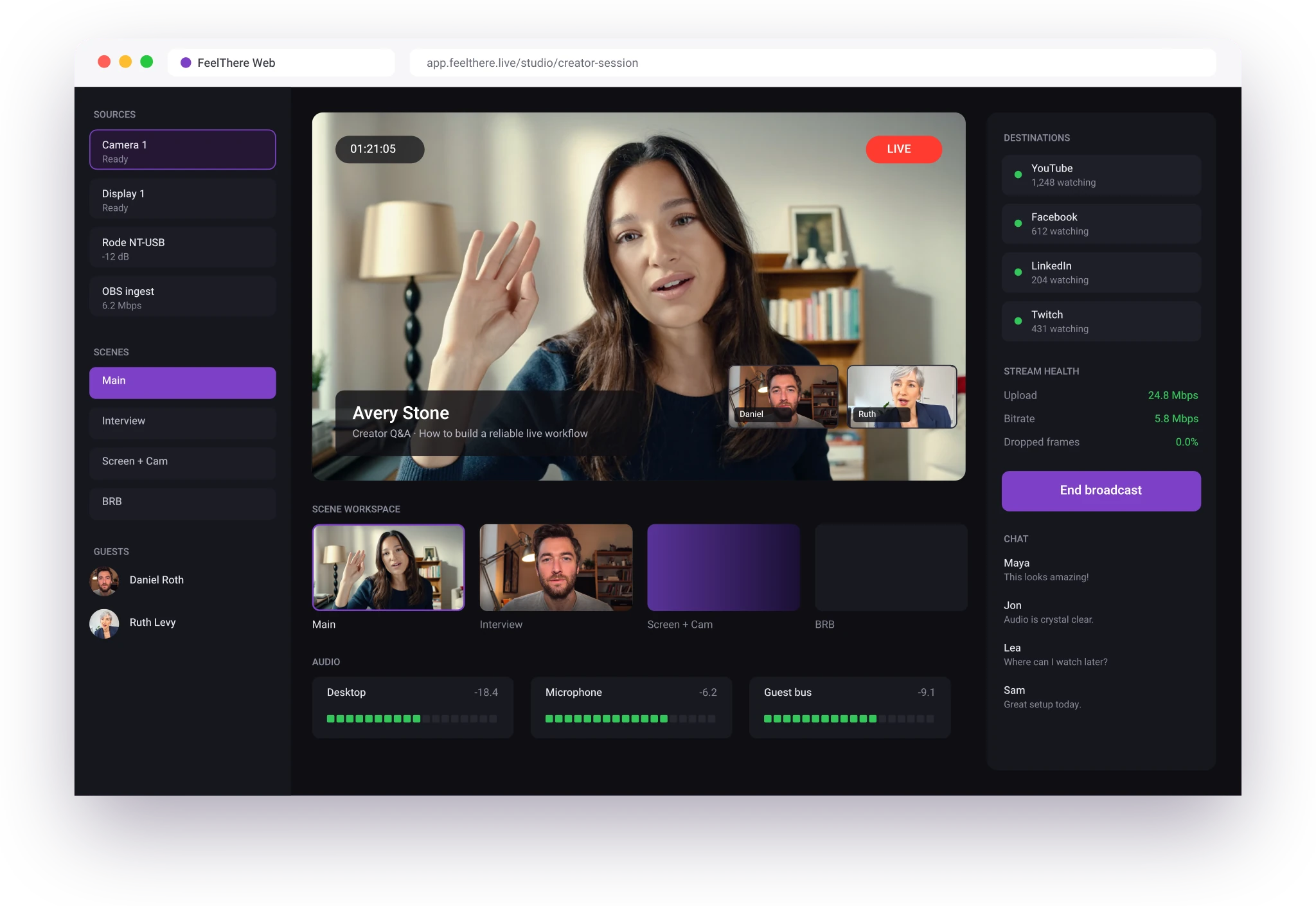 Browser workspace with camera, sources, scenes, guests and audio