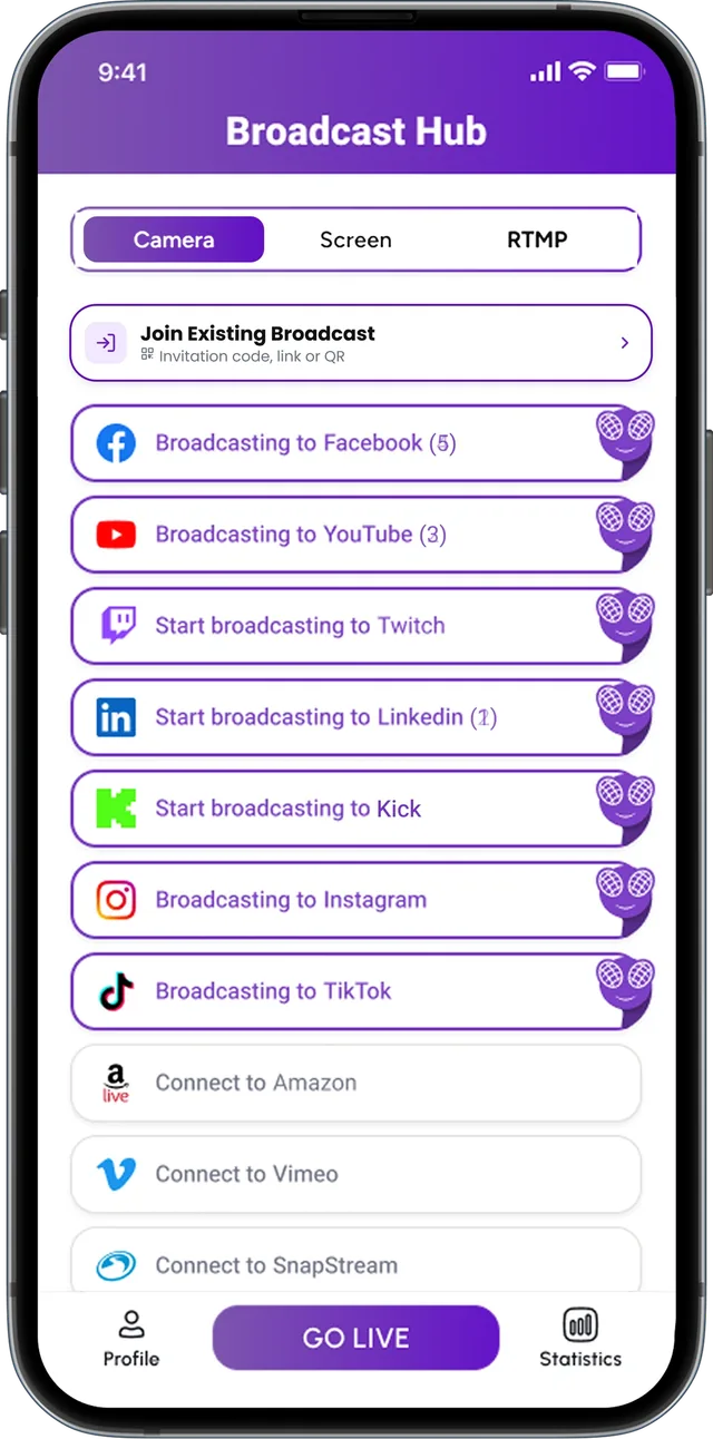 FeelThere Mobile Broadcast Hub switching between Camera, Screen and RTMP, broadcasting to Facebook, YouTube, Twitch, LinkedIn, Kick, Instagram and TikTok