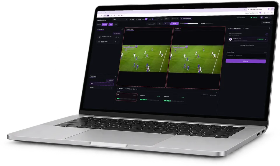 FeelThere Studio running a live production in a browser on a laptop
