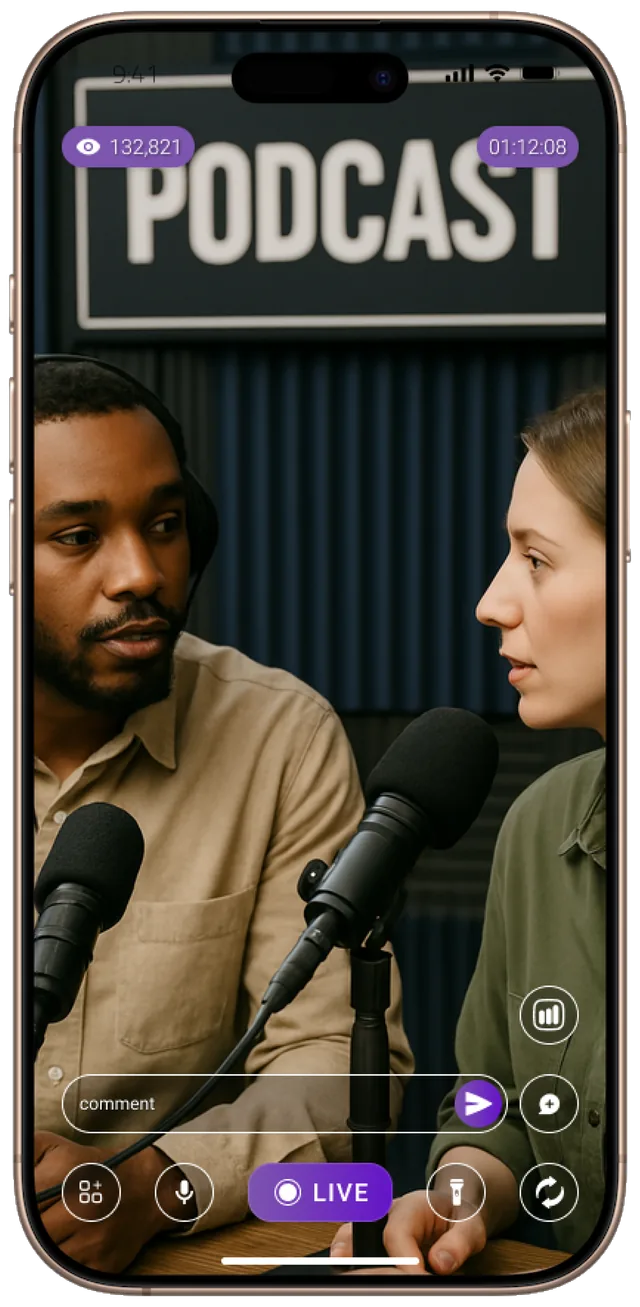 Two podcast hosts talking into microphones, streamed live from a phone with viewer count and stream timer on screen